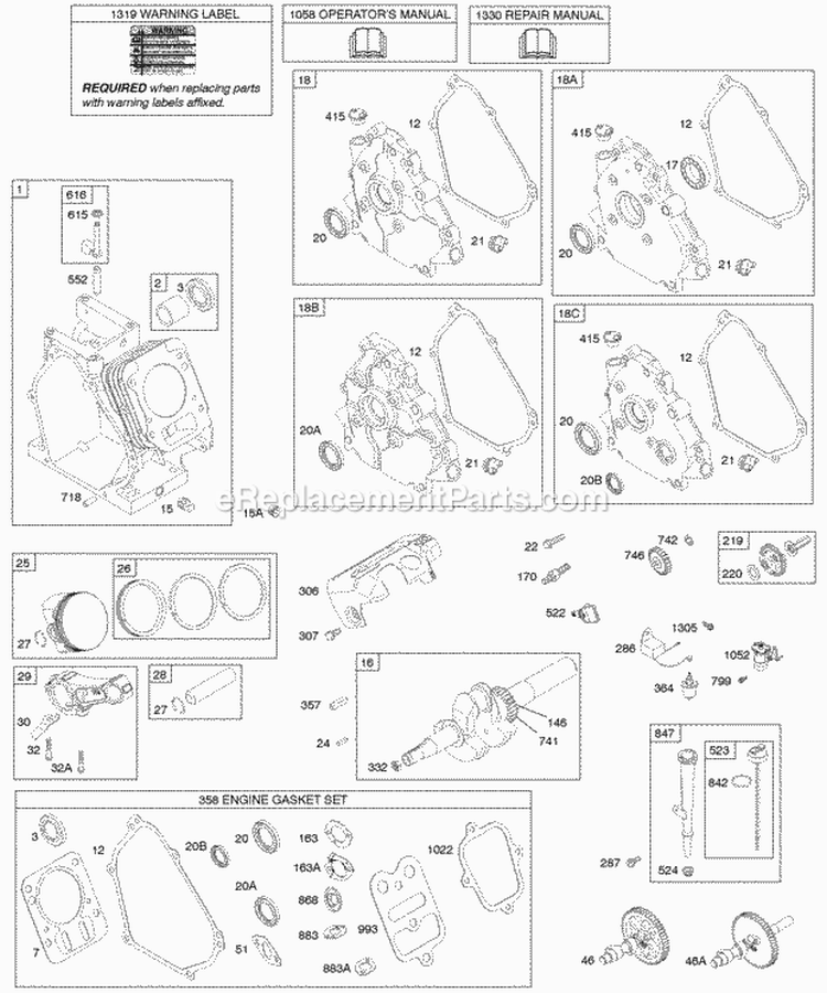 Camshaft Crankcase Cover Crankshaft Cylinder Lubrication Piston Group Diagram and Parts List for  Briggs and Stratton Engine